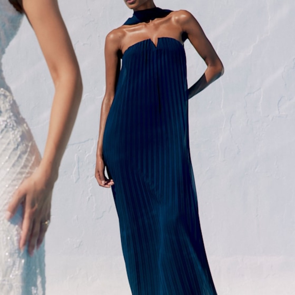 Lulus Lael Navy Pleated Strapless Dress And Scarf Set Blue - Size XS
